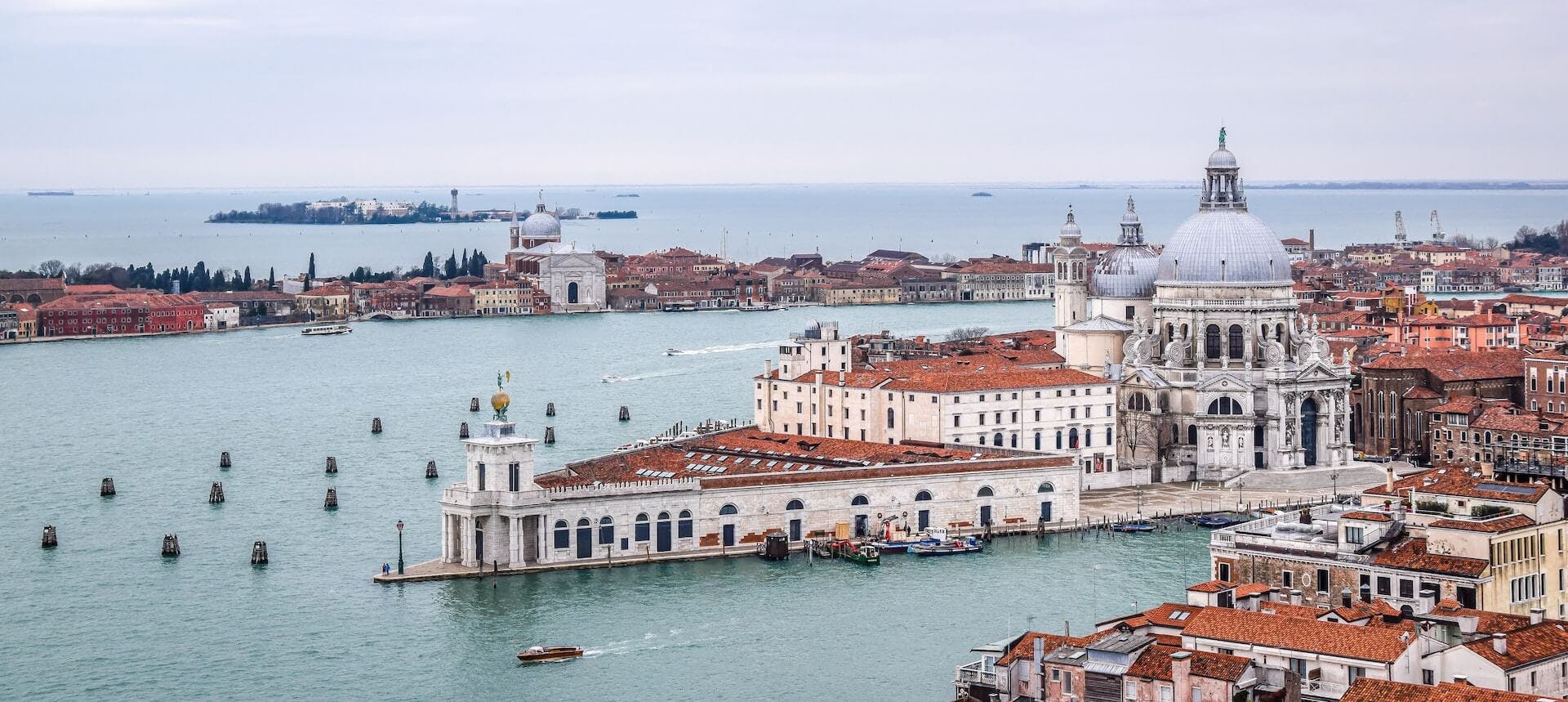 Aerial view of Venice overlooking the Basilica di Santa Maria della Salute