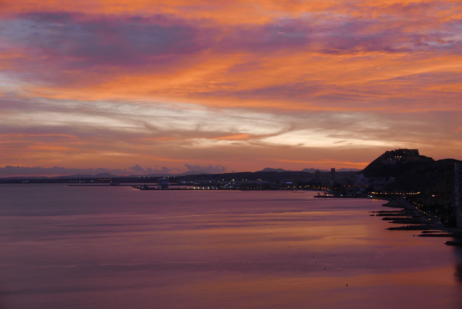 a view of a body of water at sunset